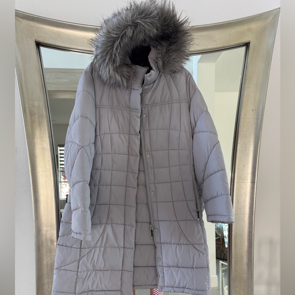 Calvin Klein Gray Puffer Coat with Faux Fur Trim